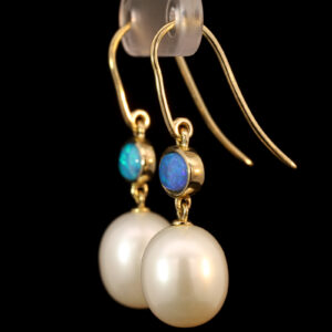 Yellow Gold Blue Green Doublet Opal and South Sea Pearl Earrings