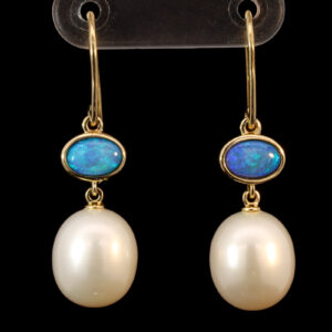 Yellow Gold Blue Green Doublet Opal and South Sea Pearl Earrings