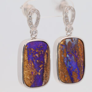 Sterling Silver Blue Purple Boulder Opal and White Sapphire Earrings