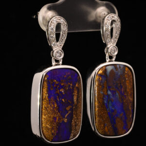 Sterling Silver Blue Purple Boulder Opal and White Sapphire Earrings