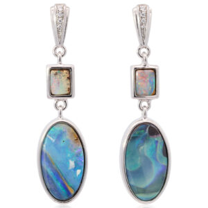 Sterling Silver Blue Green Yellow Orange Pink Boulder Opal and White Sapphire Earrings