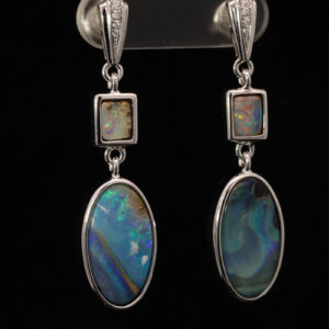 Sterling Silver Blue Green Yellow Orange Pink Boulder Opal and White Sapphire Earrings