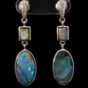 Sterling Silver Blue Green Yellow Orange Pink Boulder Opal and White Sapphire Earrings