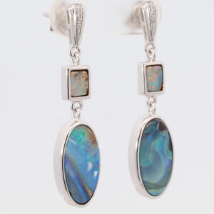 Sterling Silver Blue Green Yellow Orange Pink Boulder Opal and White Sapphire Earrings