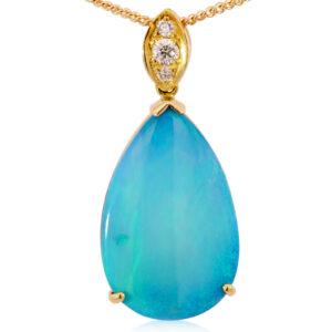 Yellow Gold Blue Green Solid Australian Black Opal and Diamond Pendant Necklace