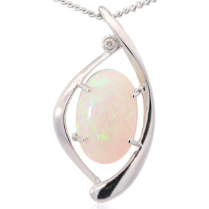 White Gold Blue Green Solid Australian Crystal Opal and Diamond Pendant Necklace