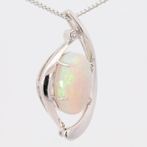 White Gold Blue Green Crystal Opal and Diamond Pendant