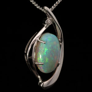 White Gold Blue Green Crystal Opal and Diamond Pendant