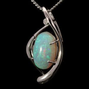 White Gold Blue Green Crystal Opal and Diamond Pendant