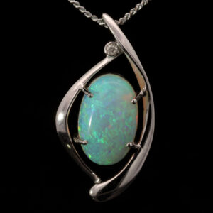 White Gold Blue Green Crystal Opal and Diamond Pendant