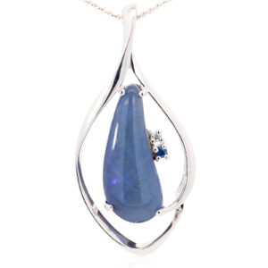 Sterling Silver Blue Purple Black Opal Diamond and Sapphire Pendant