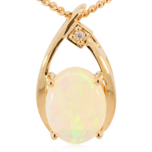 Yellow Gold Blue Green Yellow Orange Solid Australian Crystal Opal and Diamond Pendant Necklace