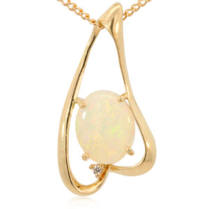 Yellow Gold Blue Green Yellow Orange Solid Australian Crystal Opal and Diamond Pendant Necklace