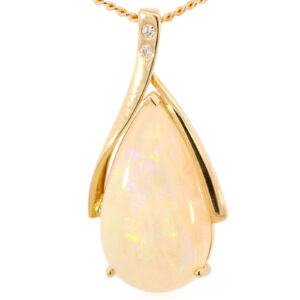 Yellow Gold Blue Green Yellow Orange Solid Australian Crystal Opal and Diamond Pendant Necklace