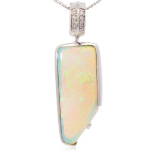 White Gold Blue Green Yellow Orange Solid Australian Crystal Opal and Diamond Pendant Necklace