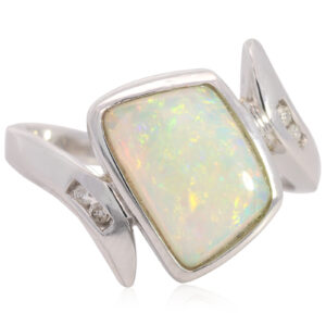 White Gold Blue Green Yellow Orange Solid Australian Crystal Opal and Diamond Engagement Ring