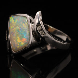 White Gold Blue Green Yellow Orange Solid Australian Crystal Opal and Diamond Engagement Ring