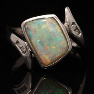 White Gold Blue Green Yellow Orange Solid Australian Crystal Opal and Diamond Engagement Ring