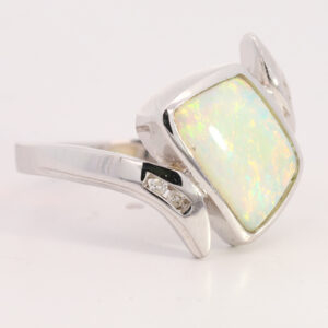 White Gold Blue Green Yellow Orange Solid Australian Crystal Opal and Diamond Engagement Ring