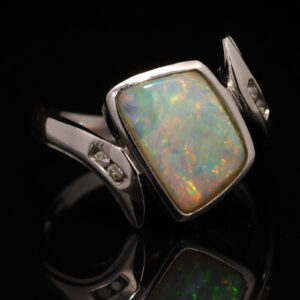 White Gold Blue Green Yellow Orange Solid Australian Crystal Opal and Diamond Engagement Ring