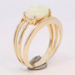 Yellow Gold Blue Green Yellow Orange Solid Australian Crystal Opal and Diamond Engagement Ring