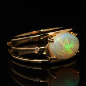 Yellow Gold Blue Green Yellow Orange Solid Australian Crystal Opal and Diamond Engagement Ring