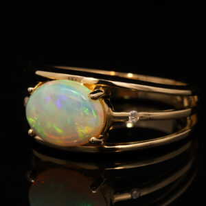 Yellow Gold Blue Green Yellow Orange Solid Australian Crystal Opal and Diamond Engagement Ring