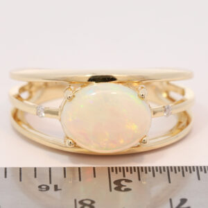 Yellow Gold Blue Green Yellow Orange Solid Australian Crystal Opal and Diamond Engagement Ring