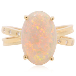 Yellow Gold Blue Green Yellow Orange Red Pink Solid Australian Crystal Opal and Diamond Engagement Ring