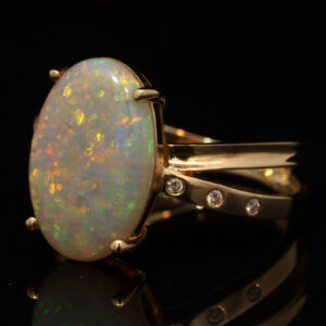 Yellow Gold Blue Green Yellow Orange Red Pink Solid Australian Crystal Opal and Diamond Engagement Ring