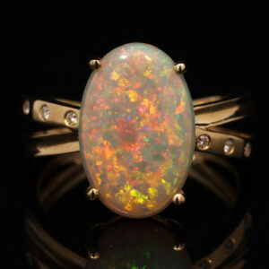 Yellow Gold Blue Green Yellow Orange Red Pink Solid Australian Crystal Opal and Diamond Engagement Ring