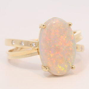 Yellow Gold Blue Green Yellow Orange Red Pink Solid Australian Crystal Opal and Diamond Engagement Ring