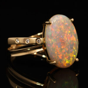 Yellow Gold Blue Green Yellow Orange Red Pink Solid Australian Crystal Opal and Diamond Engagement Ring