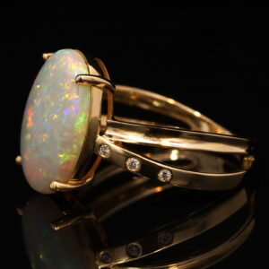 Yellow Gold Blue Green Yellow Orange Red Pink Solid Australian Crystal Opal and Diamond Engagement Ring