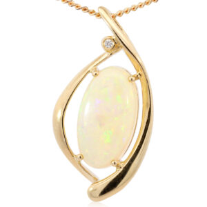 Yellow Gold Blue Green Yellow Orange Solid Australian Crystal Opal and Diamond Pendant Necklace