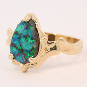 Yellow Gold Blue Green Boulder Opal Ring