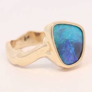 Yellow Gold Blue Green Boulder Opal Ring