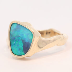 Yellow Gold Blue Green Boulder Opal Ring