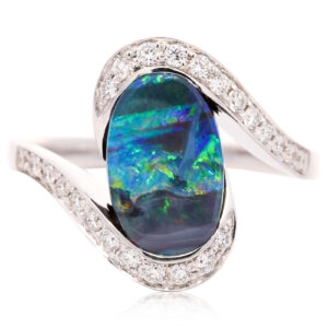 White Gold Blue Green Yellow Orange Red Solid Australian Boulder Opal and Diamond Engagement Ring