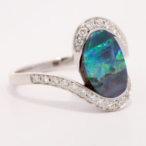 White Gold Blue Green Yellow Orange Red Solid Australian Boulder Opal and Diamond Engagement Ring