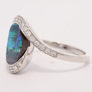 White Gold Blue Green Yellow Orange Red Solid Australian Boulder Opal and Diamond Engagement Ring