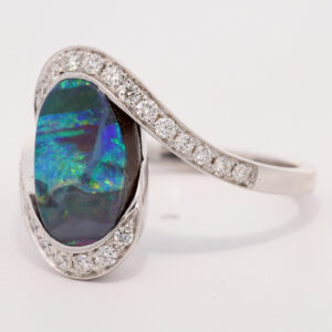 White Gold Blue Green Yellow Orange Red Solid Australian Boulder Opal and Diamond Engagement Ring