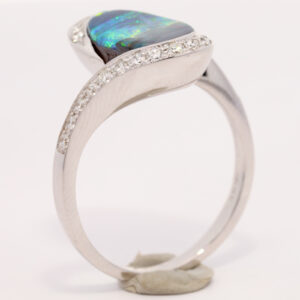 White Gold Blue Green Yellow Orange Red Solid Australian Boulder Opal and Diamond Engagement Ring