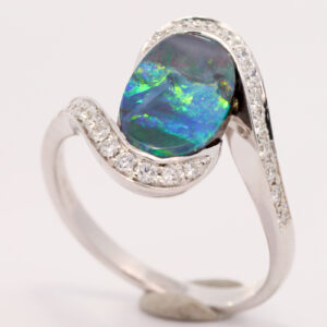 White Gold Blue Green Yellow Orange Red Solid Australian Boulder Opal and Diamond Engagement Ring