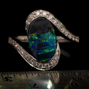 White Gold Blue Green Yellow Orange Red Solid Australian Boulder Opal and Diamond Engagement Ring