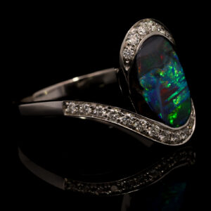 White Gold Blue Green Yellow Orange Red Solid Australian Boulder Opal and Diamond Engagement Ring