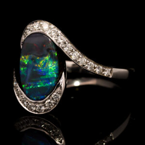 White Gold Blue Green Yellow Orange Red Solid Australian Boulder Opal and Diamond Engagement Ring