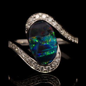 White Gold Blue Green Yellow Orange Red Solid Australian Boulder Opal and Diamond Engagement Ring