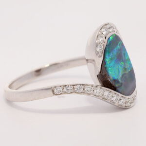 White Gold Blue Green Yellow Orange Red Solid Australian Boulder Opal and Diamond Engagement Ring