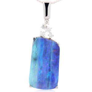 White Gold Blue Green Purple Solid Australian Boulder Opal and Diamond Pendant Necklace